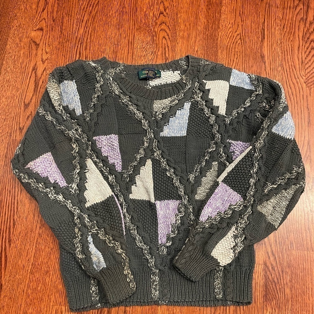 K: Mens VTG Colours by Alexander Julian 3-D Hand Knit Geometric Pullover Sweater